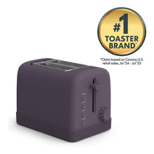 Plum 2-slice toaster with toasting slots, side shade dial, and control buttons