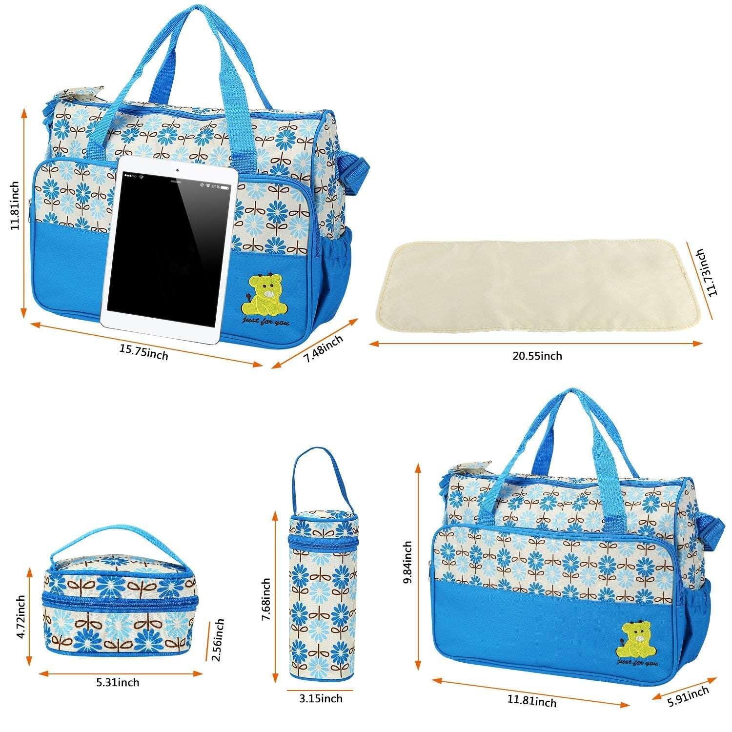 Baby Diaper Bag 5 Pcs Toddler Diaper Bag Tote Multifunction Portable Baby Bag for Boys and Girls Blue - USA MEGA SHOP