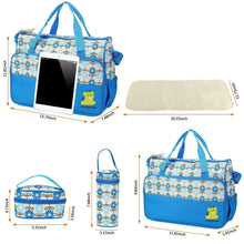 Blue diaper bag set with tote and bottle pouch size guide layout on white background
