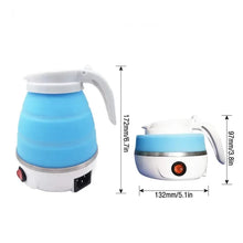Blue collapsible electric kettle shown from side and front, white handle and base controls.