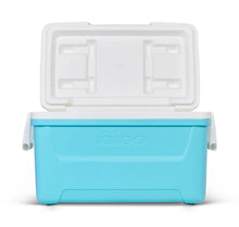 Hard-sided ice chest cooler with open lid, aqua blue base and white liner