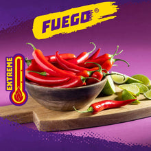 Takis Fuego chips bag with chili peppers, lime wedges, and flame heat icon
