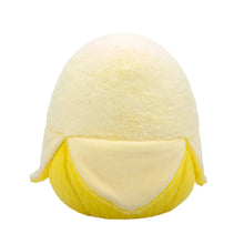 Yellow banana-shaped plush toy from behind, fuzzy top and white belly panel