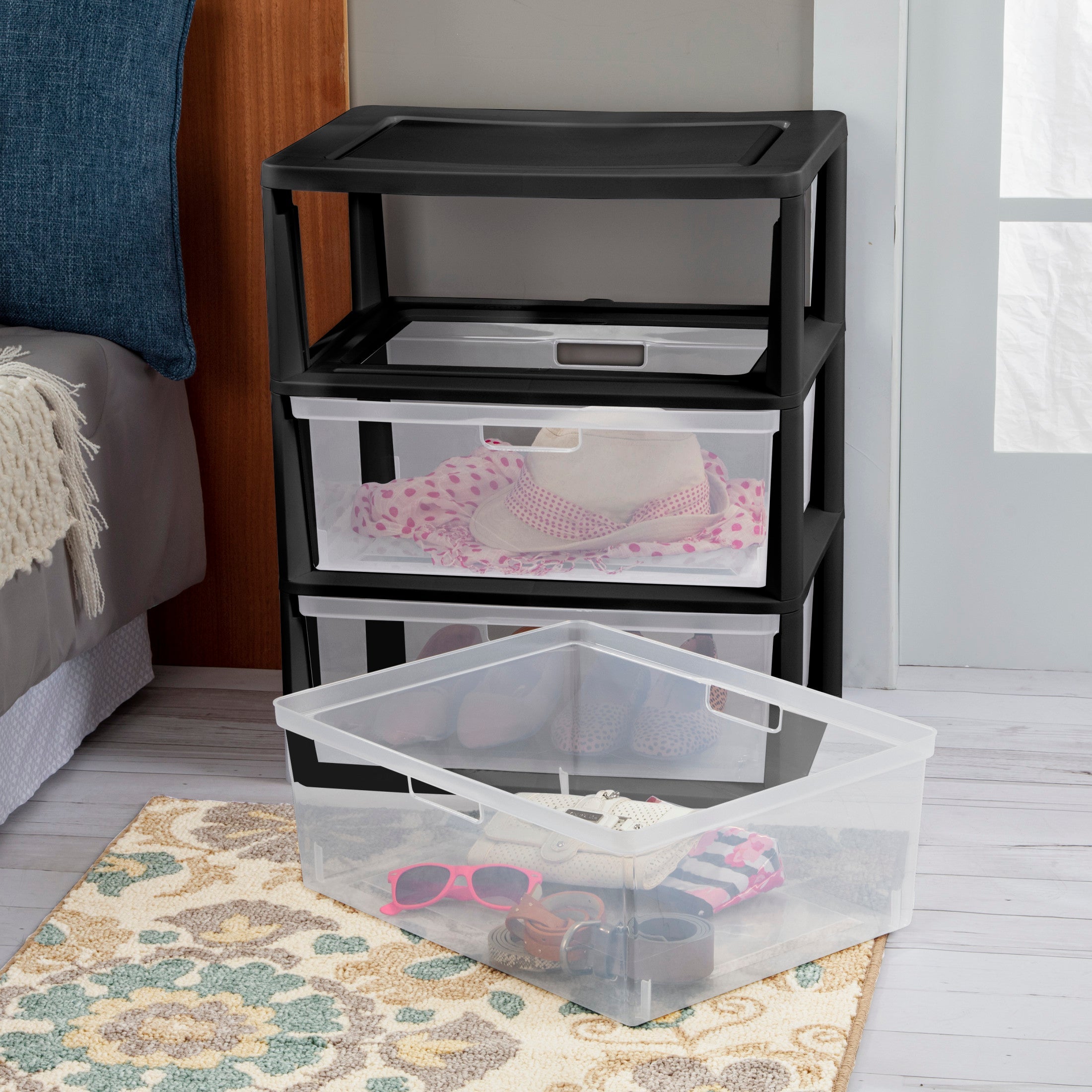 Sterilite Wide 3 Drawer Tower, Plastic Storage Organizer with Removable Clear Bins, Easy to Assemble - No Tools Needed, Black