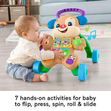 Puppy walker activity toy with colorful buttons, baby reaching to play