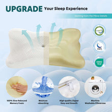 Cooling memory foam cervical pillow with zipper and moisture-absorbing, shown with feature icons.