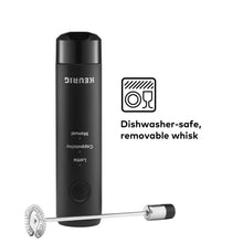 Black handheld milk frother with removable whisk attachment and cleaning-safe design