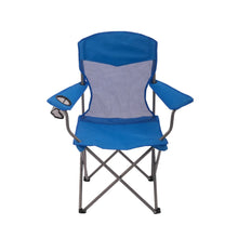 Blue mesh camping chair with front cupholder and padded arms