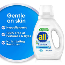 all Free Clear liquid laundry detergent bottle with Gentle on skin badge, 24 loads