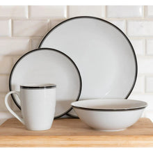 Ceramic dinnerware set with black-rim dinner plate, bowl, and mug