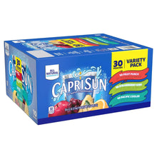 Capri Sun variety pack box, 30 pouches with fruit punch, strawberry kiwi, pacific cooler