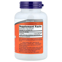 NOW L-Ornithine 500 mg supplement bottle, Supplement Facts label on back