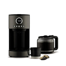 Black 12-cup coffee machine with carafe and filter basket, plus drip tray insert
