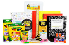 School supply box kit with crayons, colored pencils, composition book, scissors, and markers