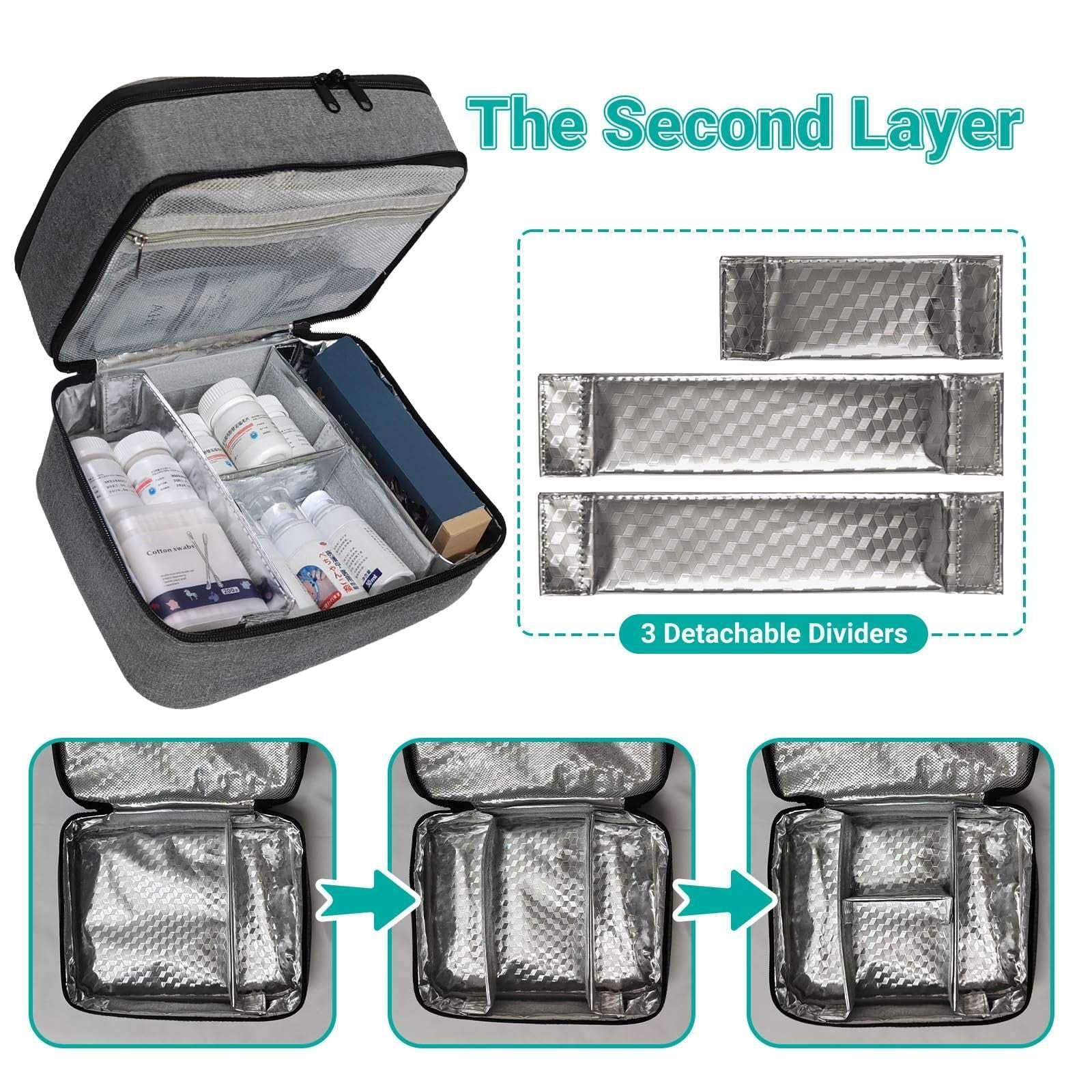 LAKYRIK Medicine Bag, Double Layers Pill Bottle Organizer Bag for Emergency Medication,Supplements or Medical Kits, Zippered Lockable Empty Medicine Bag for Home (Grey, M)