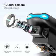 Dual camera drone with blue LED body, front lens cluster and protective camera housing