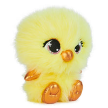Yellow chick plush stuffed animal with orange beak and sleepy-looking eyes