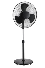 Black pedestal fan with round grille and three blades on tall stand.