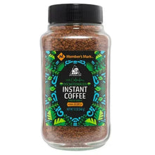 Instant coffee jar, dark lid and brown freeze-dried granules, Member's Mark label
