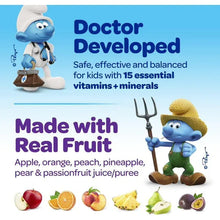 Doctor Developed kids multivitamin gummies panel with Smurf doctor and fruit juices