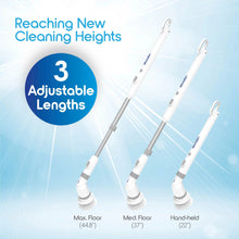 Electric spin scrub brush with three adjustable lengths: max, medium, and handheld