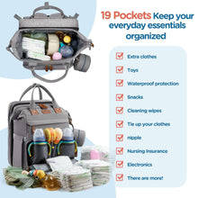 Grey diaper backpack with zip-open interior organizer and compartments for baby essentials.