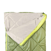 Two-tone sleeping bag liner sheet with lime green trim and zipper edge