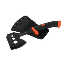 Hatchet with orange-and-black handle and black carrying sheath