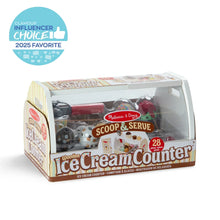 Toy wooden ice cream counter set in retail box with scoop & serve branding