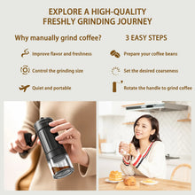 Hand coffee grinder with clear glass chamber and black crank handle, held in hand