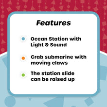 Ocean playset features graphic: ocean station light and sound, crab submarine, raised slide