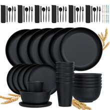 Unbreakable dinnerware set with dark plates, bowls, and cups for 4 people