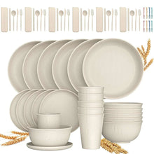 Beige wheat straw dinnerware set with dinner plates, bowls, and cups