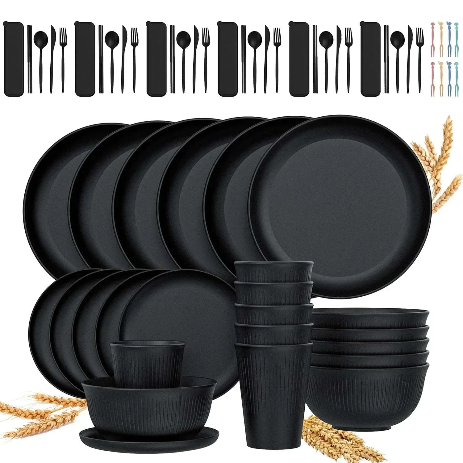 GPED 68 Pcs Wheat Straw Dinnerware Sets For 6, Unbreakable Dinnerware Sets, Reusable Wheat Straw Plates and Bowls Sets, Travel Camping Cutlery Set, Dishwasher Microwave Safe Dinnerware, Beige