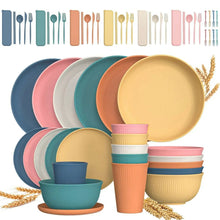 Colorful unbreakable dinnerware set with mixed-color plates, bowls, and cups