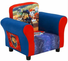 Upholstered toddler chair with blue seat, red arms, and PAW Patrol character scenes
