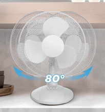White table fan with oscillation 80° arc graphic over the front grille