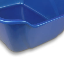 Blue high-sided cat litter box with front rim and side walls close-up