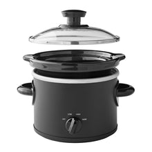 2-quart manual slow cooker with clear glass lid and matte black base, control dial