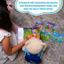 Plush storytelling bear standing while a child holds illustrated storybooks