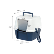 Navy and white covered cat litter box size dimensions with handle and front flap