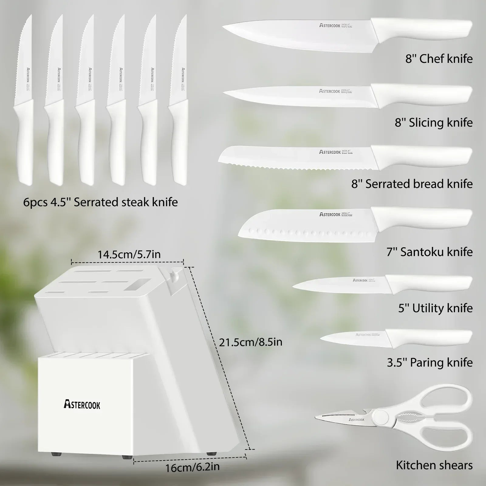 Astercook Knife Set, 14 Pieces Kitchen Knives Set with Healthy Anti-Rust Coating, Stainless Steel Knife Sets with Built-in Sharpener, Sharp & Rust Resistant Dishwasher Safe - USA MEGA SHOP