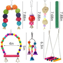 Colorful hanging bird swing toy set with beads, bells, and rope links