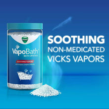 Vicks VapoBath non-medicated bath crystals jar with scattered bath crystals on the floor