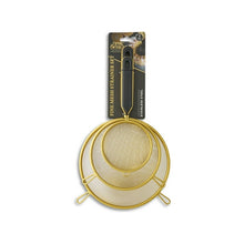 3-piece fine mesh strainer set with stacked round gold mesh screens and dark handles