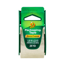 Duck packaging tape roll with green manual dispenser label, 25 yd clear packaging tape