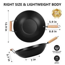 Black wok with two wooden handles and riveted metal side supports