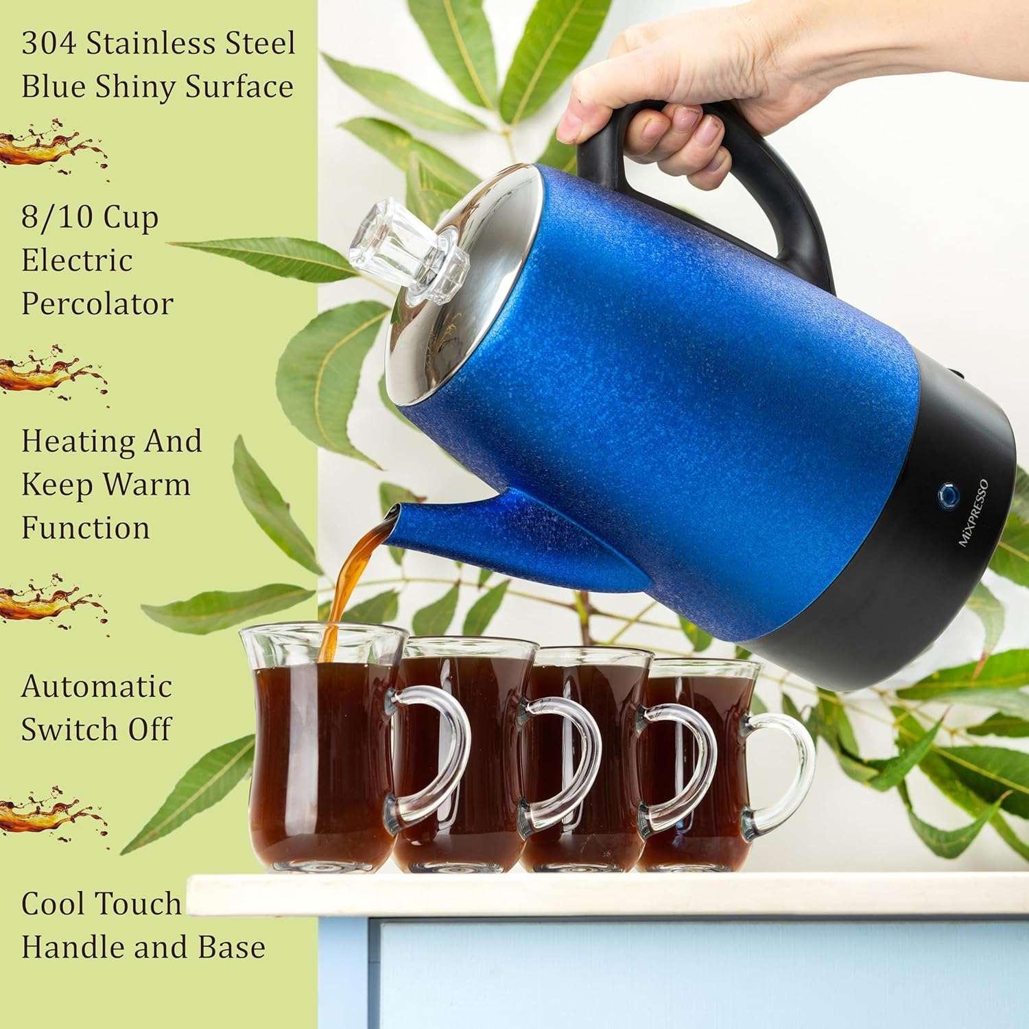 Mixpresso Percolator Coffee Pot Electric 10 Cup, Stainless Steel Coffee Maker, Coffee Percolator Electric With Keep Warm Function, 10 Cups Stainless Steel Perculator With Basket (Shiny Blue) - USA MEGA SHOP