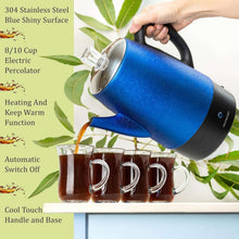 Blue electric coffee percolator with black base pouring into cups and warming handle