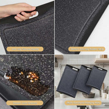 Dark grey cutting boards showing anti-slip silicone handle and bottom rubber strip.